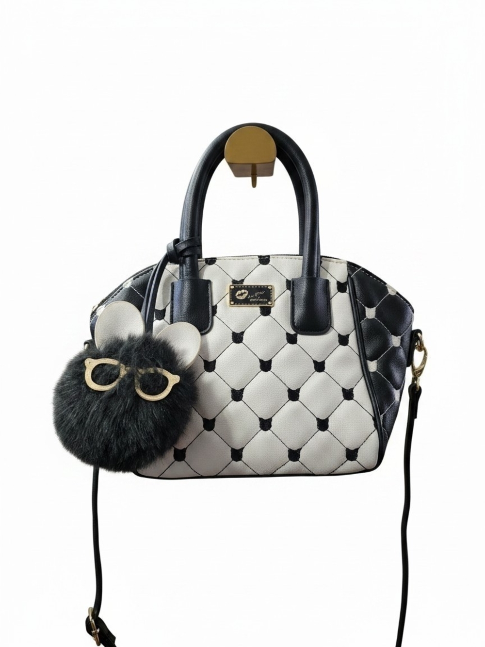 #155 Betsey Johnson Black and White Quilted Dome Satchel with Fur Charm